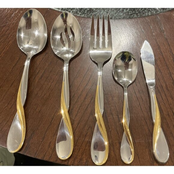 Oneida‎ USA Golden Aquarius Stainless Steel 5 Piece Hostess Set Spoon Fork Knife - Picture 1 of 3